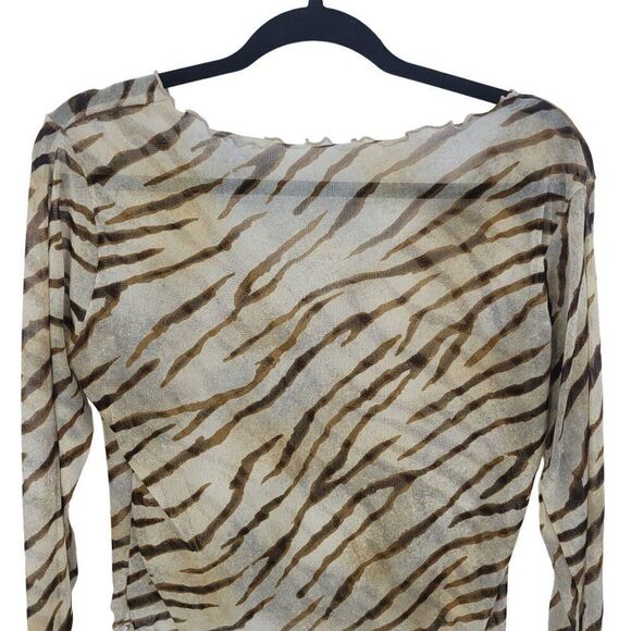 Vintage Y2K Sheer Zebra Print Long Sleeve Top M Brown Stretch Tattoo Baddie Club - Picture 7 of 9